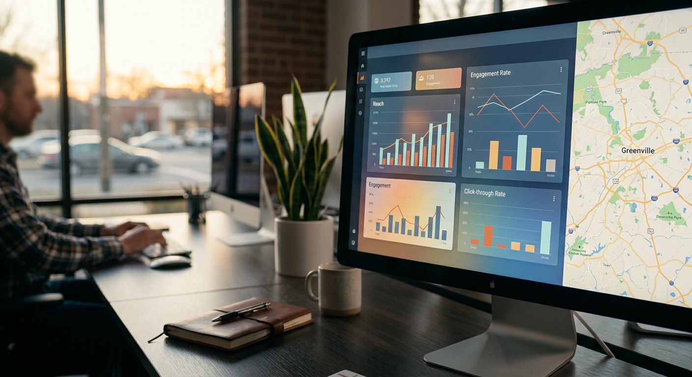 A digital marketing dashboard displaying analytics for a real estate listing, showing metrics like reach, engagement, an