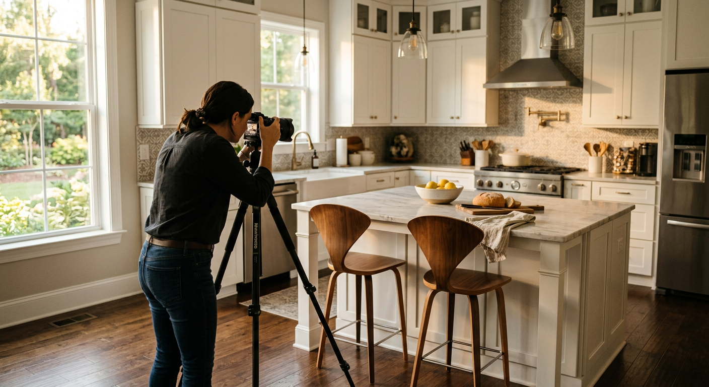 A professional real estate photographer capturing high-quality interior shots of a beautifully staged kitchen in a home