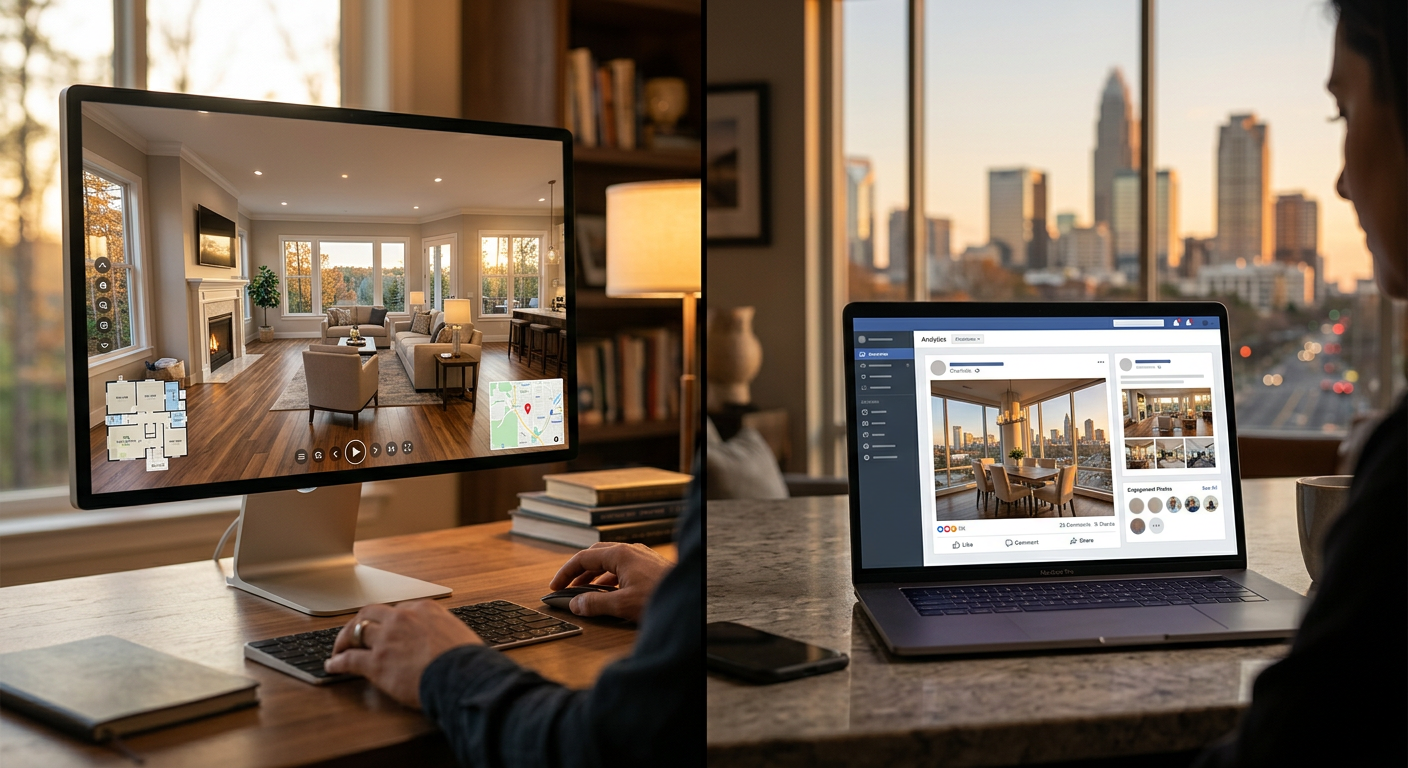A split-screen image showing one side with a 3D virtual tour interface of a home in Five Forks, and the other side showi