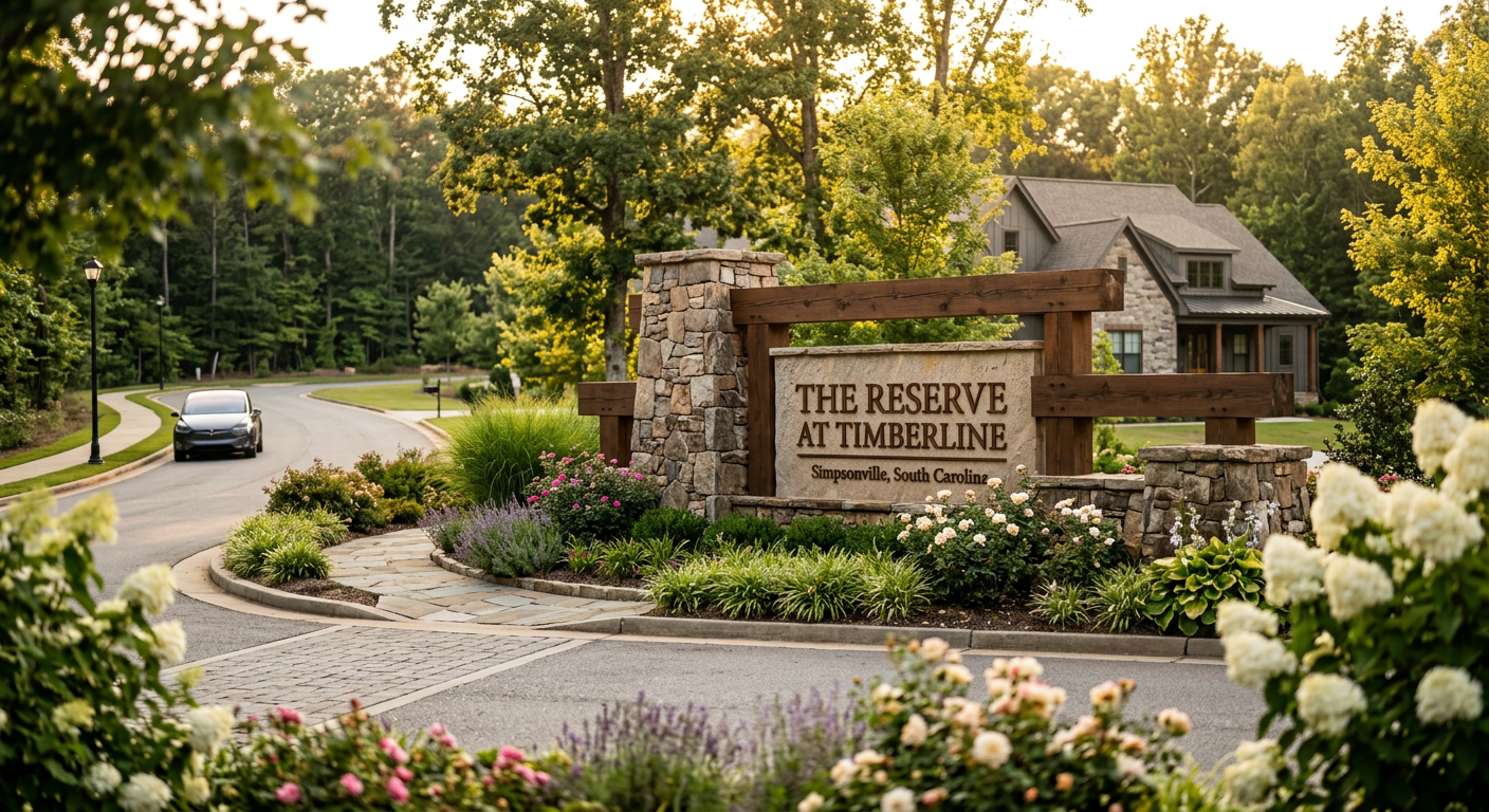 Architectural rendering of the future community entrance sign for a new development in Simpsonville, SC, featuring a sto