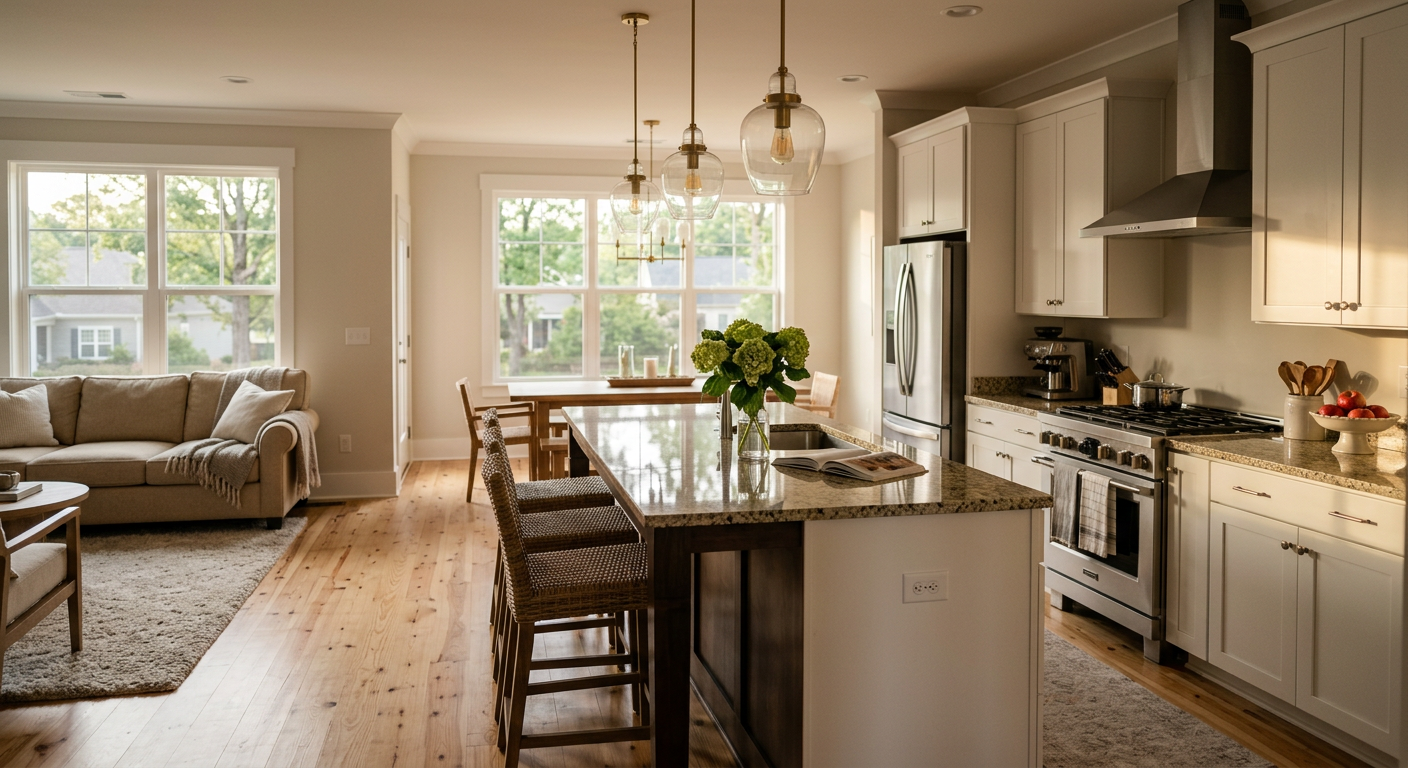 Interior shot of a spacious, open-concept kitchen and living area in a new construction home in Simpsonville, SC, featur