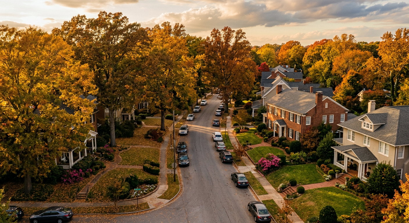 Drone shot overlooking a mature, tree-lined street in the Augusta Road neighborhood of Greenville, SC, showcasing well-m