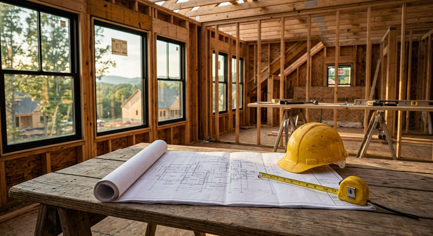 Close-up of a construction blueprint unrolled on a wooden table, with a hard hat and tape measure beside it, inside a pa