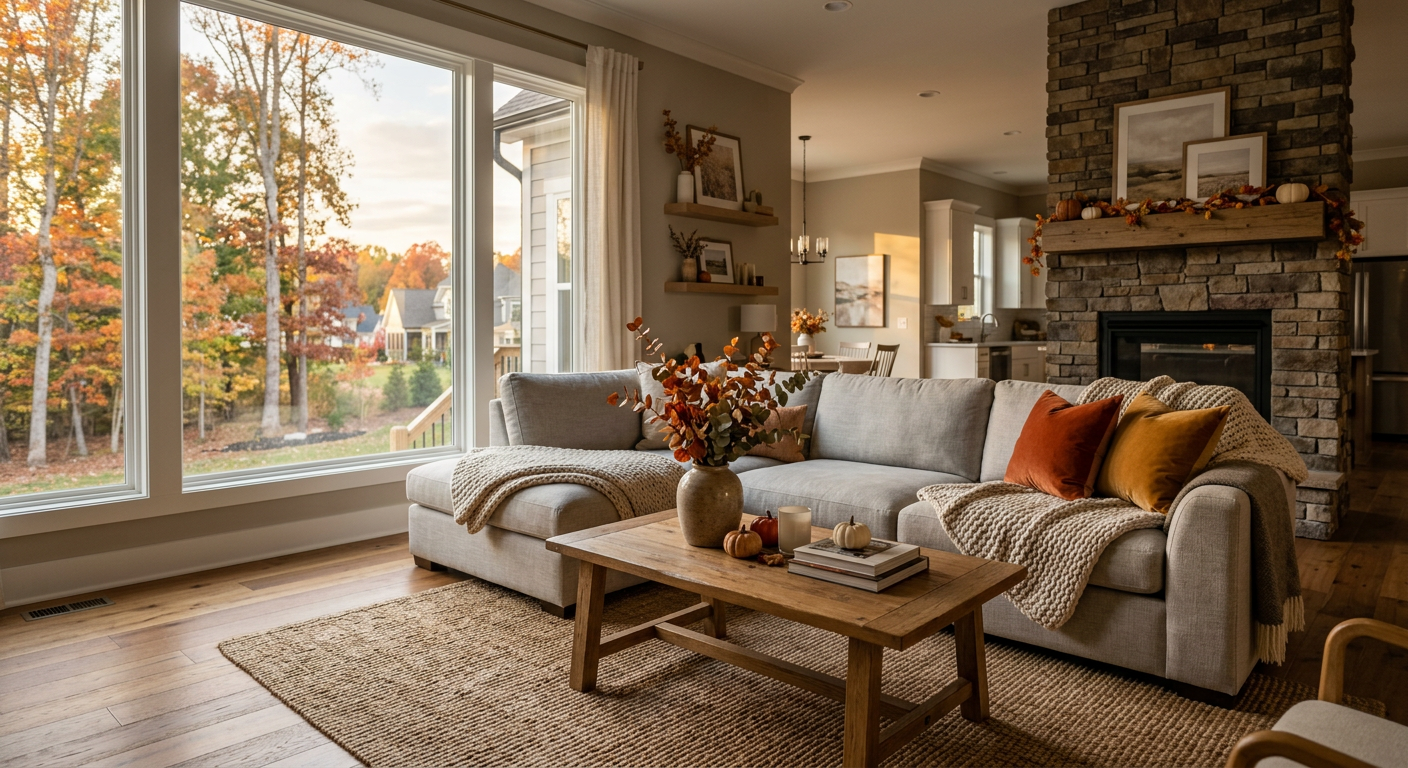 A modern, well-staged living room in a single-family home located in the Kilgore Farms subdivision in Simpsonville, SC,