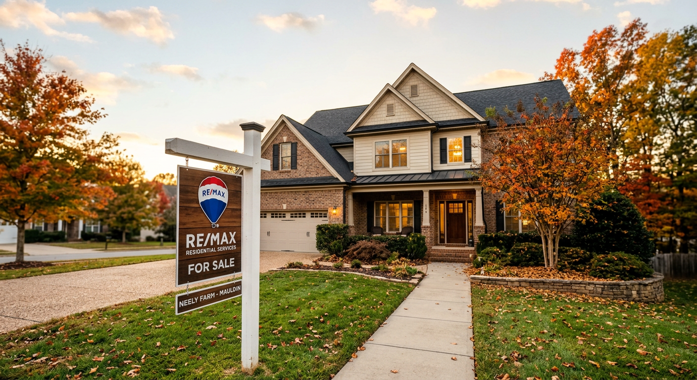A 'For Sale' sign with a RE/MAX logo prominently displayed in front of a charming, well-maintained home in the Neely Far