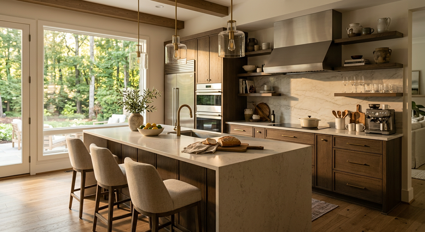 A modern kitchen interior in a home in the Chanticleer neighborhood, Greenville, SC, showcasing high-end finishes and ex