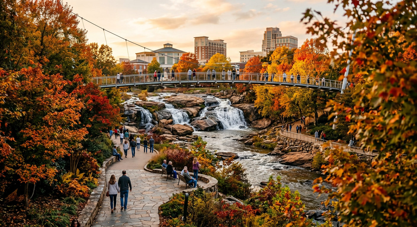 A vibrant photo of Falls Park on the Reedy in Downtown Greenville, SC, with autumn leaves, people enjoying the park, and