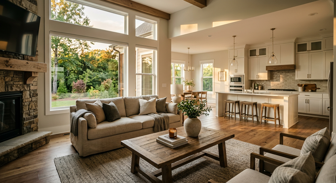 A modern, beautifully staged living room in a home in the Kilgore Farms subdivision in Simpsonville, bathed in natural l
