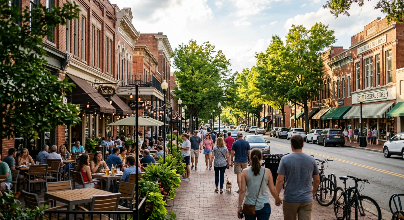 Vibrant street scene on Main Street, Downtown Greenville, SC, with people dining outdoors, historic buildings, and lush