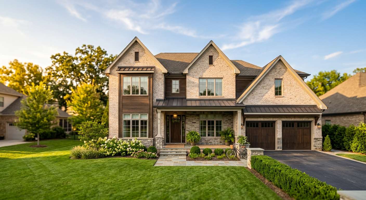 Modern family home with a two-car garage and manicured lawn in the Kilgore Farms subdivision, Simpsonville, SC, sunny af