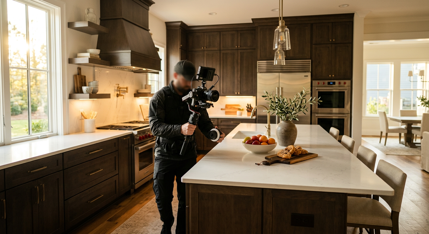 A professional videographer using a gimbal and cinematic camera equipment to film a gourmet kitchen with high-end applia