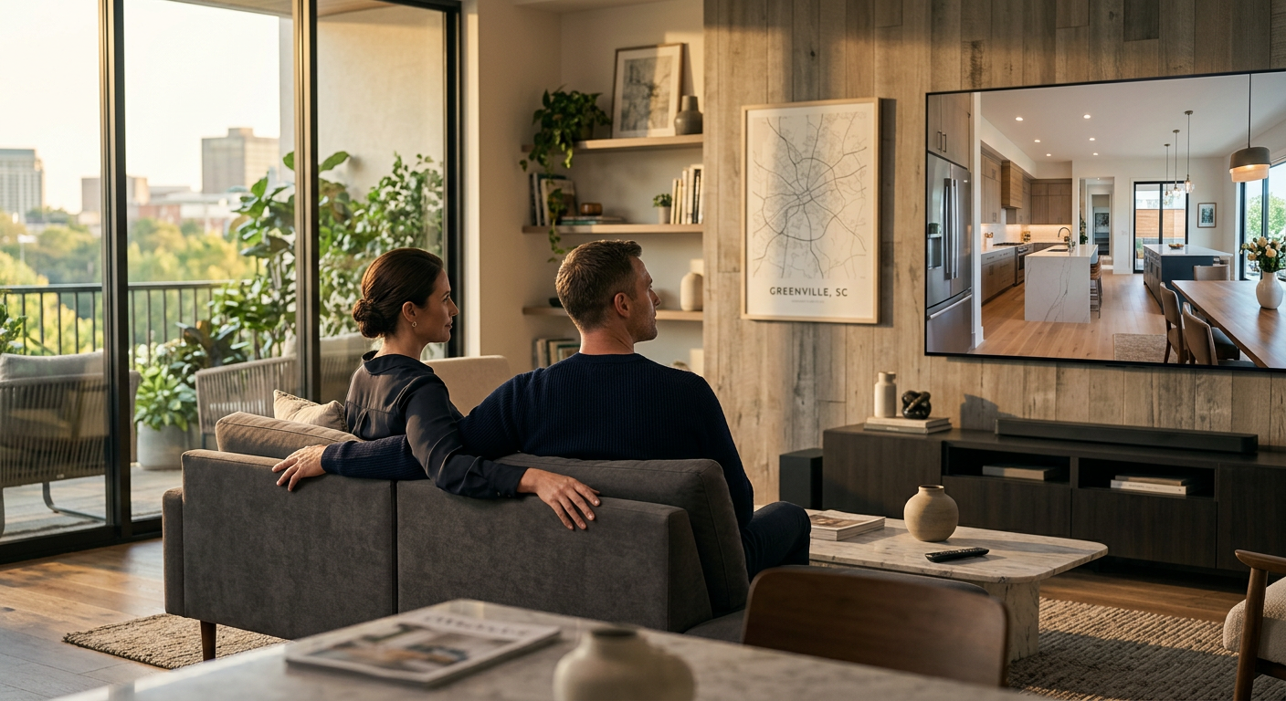 A discerning couple, dressed smartly, watching a high-definition cinematic home tour video on a large screen in a modern
