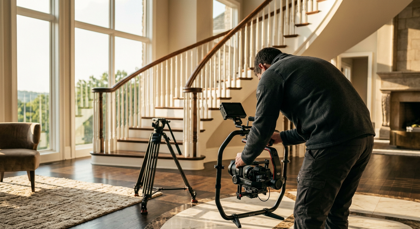 Professional videographer setting up a camera gimbal to film the grand foyer staircase of a high-end home in Chanticleer