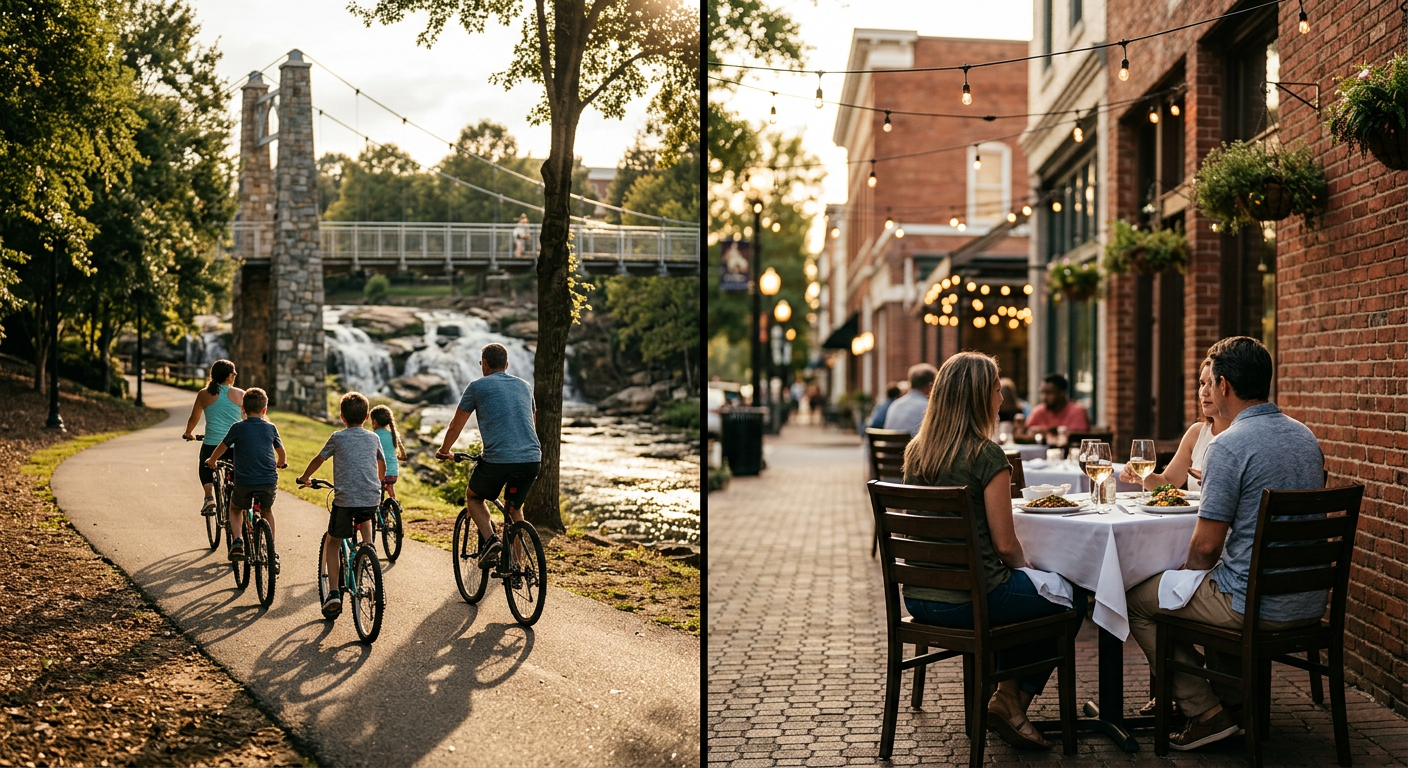 Split screen: one side showing a family enjoying the Swamp Rabbit Trail near Falls Park, the other side showing a couple