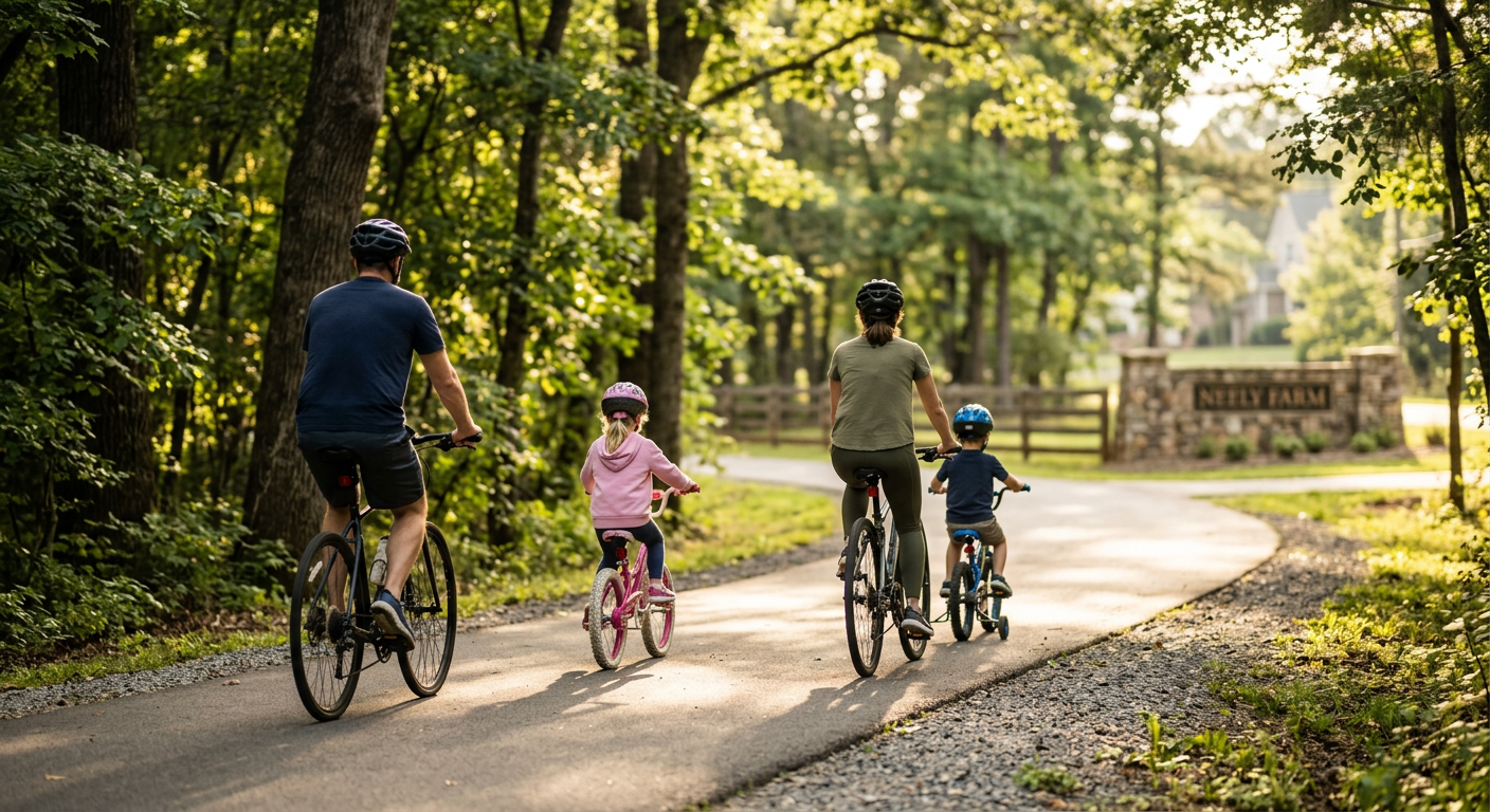 A modern family cycling on the Swamp Rabbit Trail near the entrance to Neely Farm in Simpsonville, dappled sunlight thro