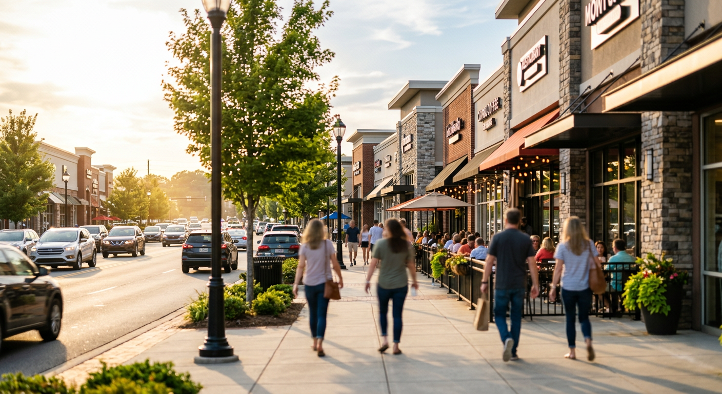 The vibrant retail and dining area along Woodruff Road in the Five Forks area of Simpsonville, with cars and pedestrians