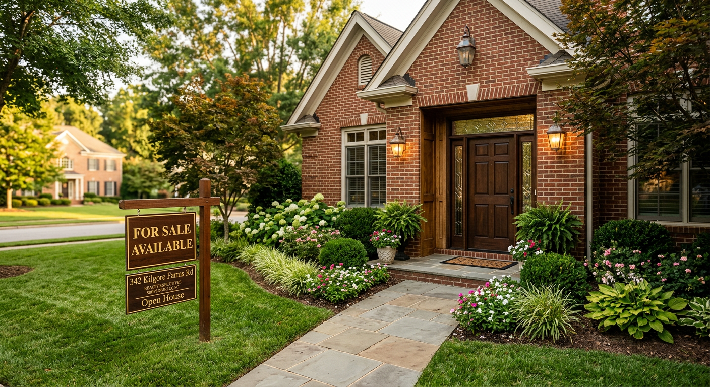 Front entrance of a brick traditional home in the Kilgore Farms subdivision, Simpsonville SC, with well-maintained lands