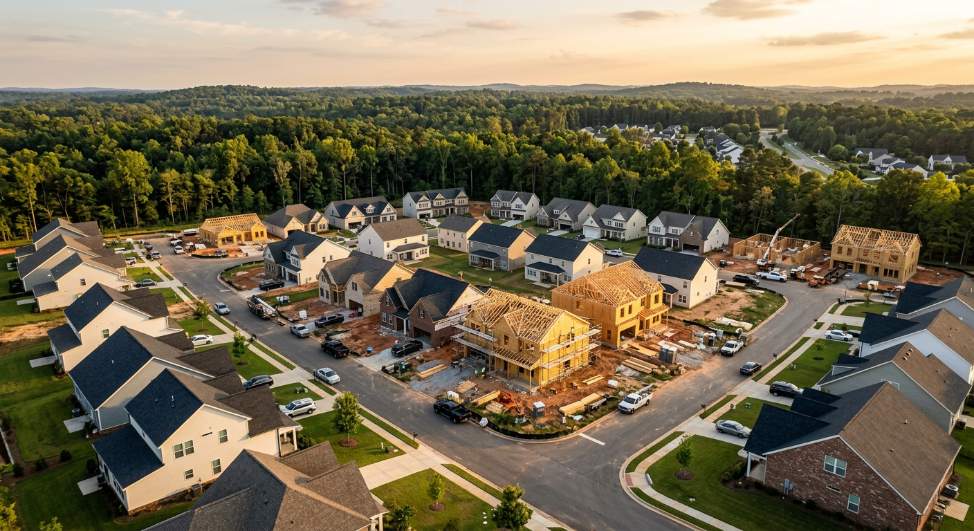 Drone view of a developing new construction community in Simpsonville, SC, showing multiple homes under various stages o