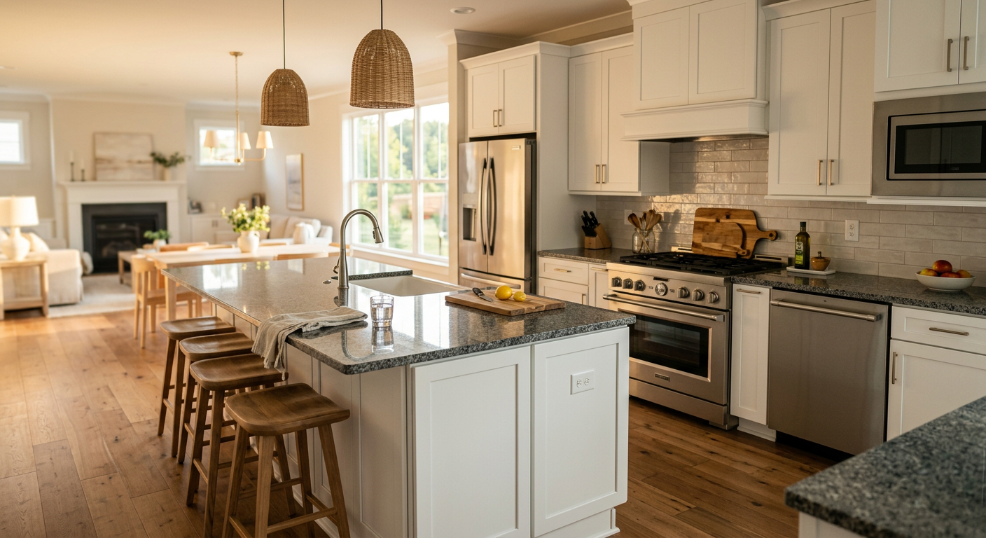 Interior kitchen shot of a new construction home in Simpsonville, SC, featuring white shaker cabinets, granite counterto