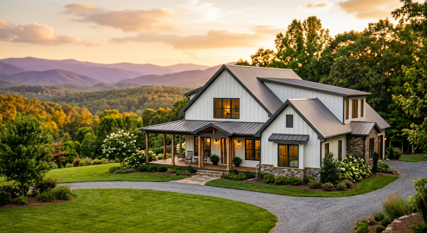 A modern farmhouse style home in Travelers Rest, SC, with a well-maintained lawn and a view of rolling hills in the back
