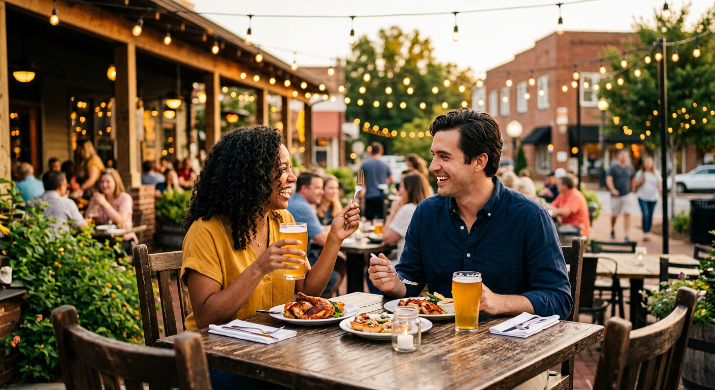 Happy couple enjoying a meal and craft beer at a lively outdoor patio restaurant in downtown Travelers Rest, SC, with st
