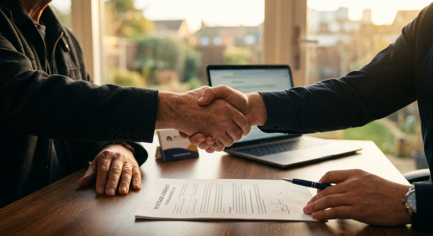A close-up shot of a handshake between a VA loan specialist and a veteran, with a mortgage document and pen visible on a